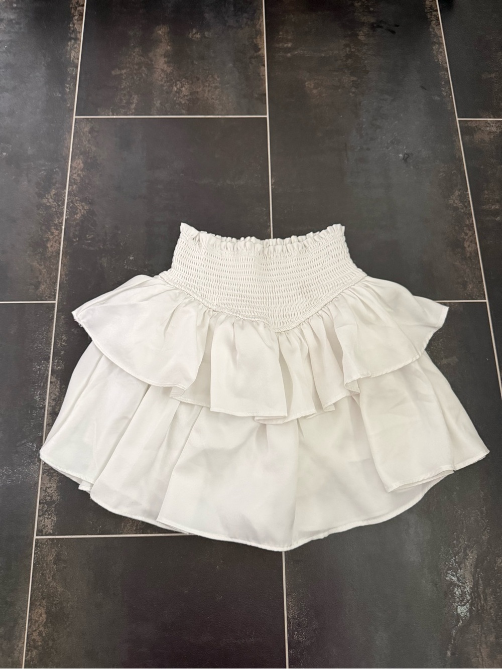 White Smocked Waist White Tiered Ruffle Skort With Elastic Waistband